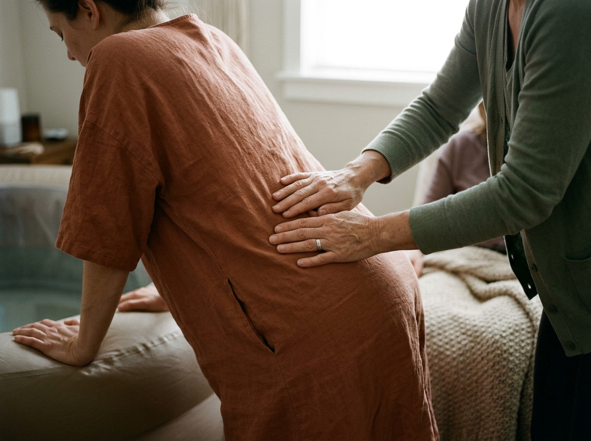 Documentary photo of gentle counter-pressure support during labor