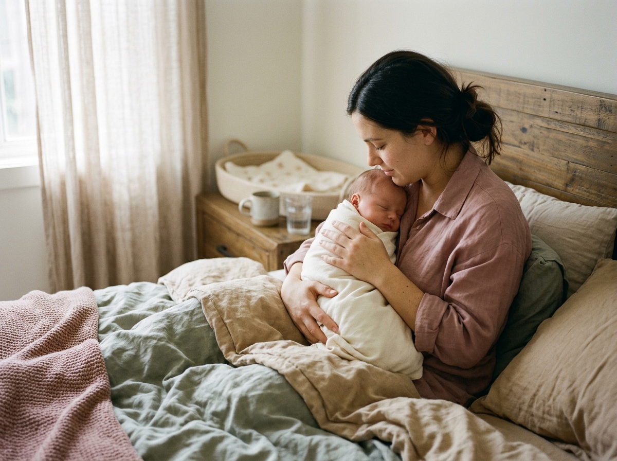 Documentary scene of parent soothing swaddled newborn in morning light
